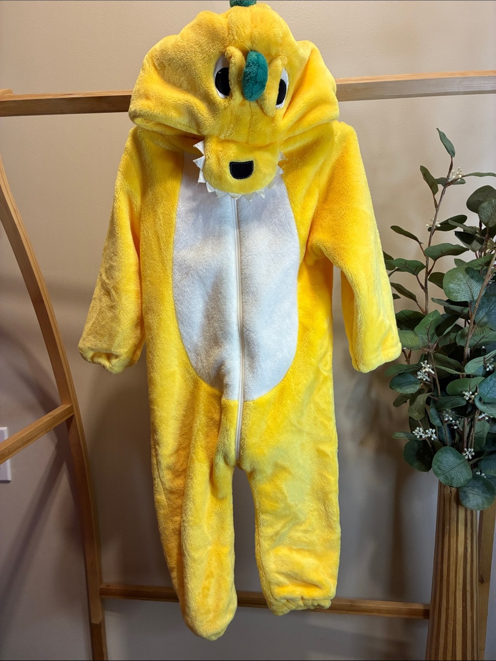 Yellow Plush Dino Kids One-Piece Hooded Jumpsuit